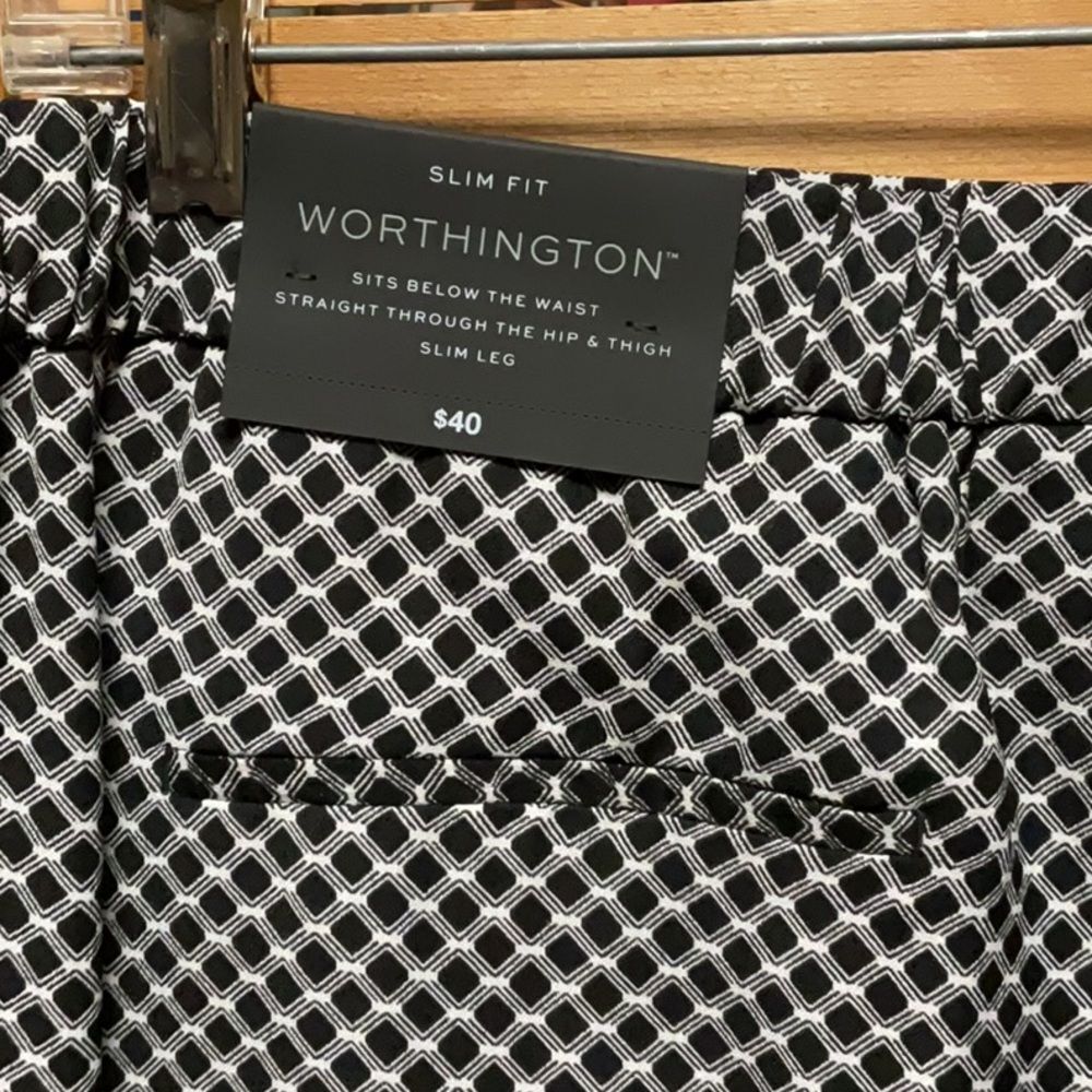 NWT Worthington Women Black White Geometric Trousers L Pants Polyester Slacks - Picture 3 of 8